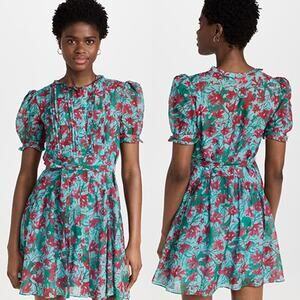 NWT Saloni Penny Floral-Print Shirt Ruffle Puff Sleeve Blue Mini Dress Size: 4